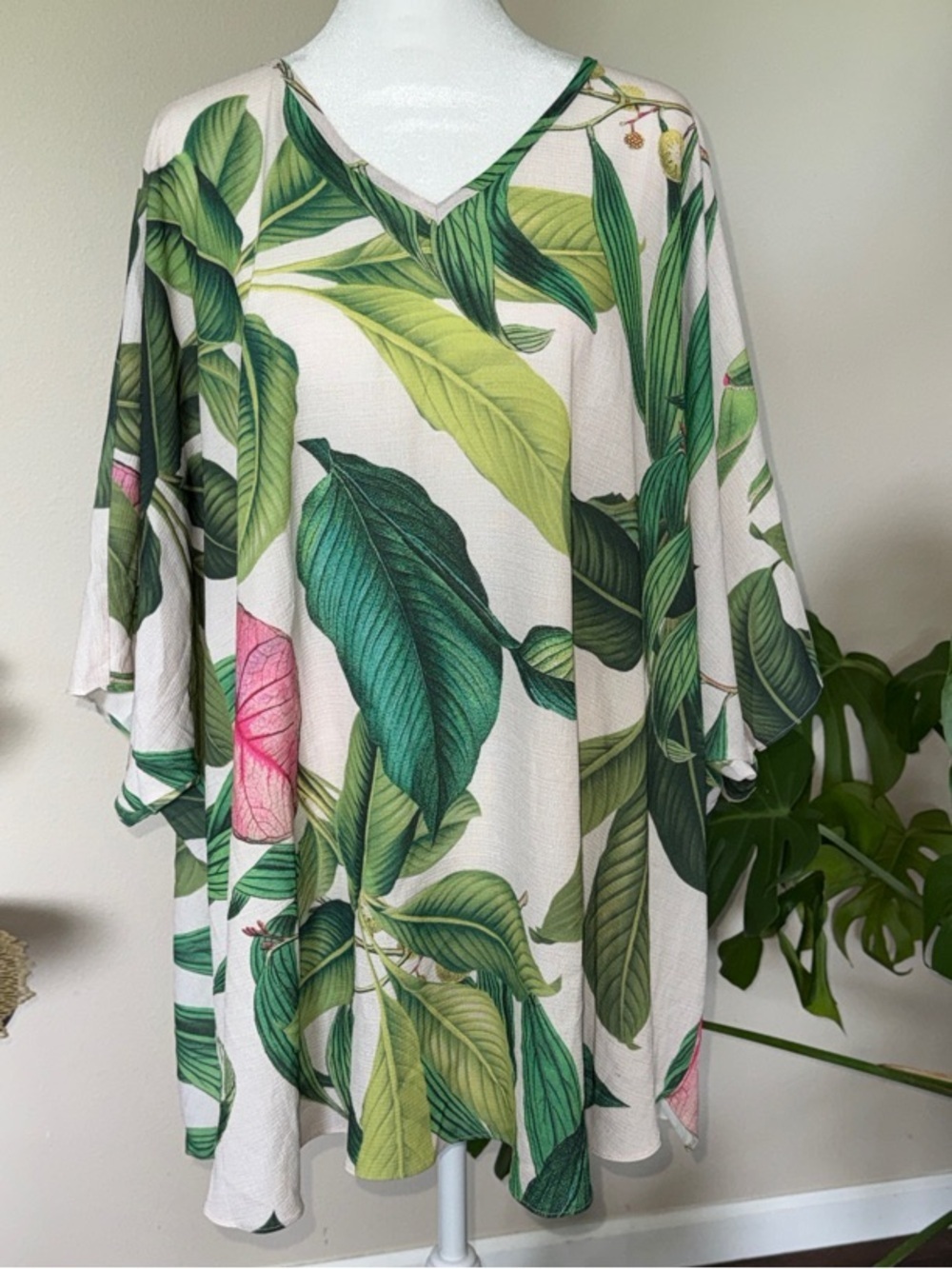 Tropical Leaf V-Neck Tunic Swim Cover, 1X